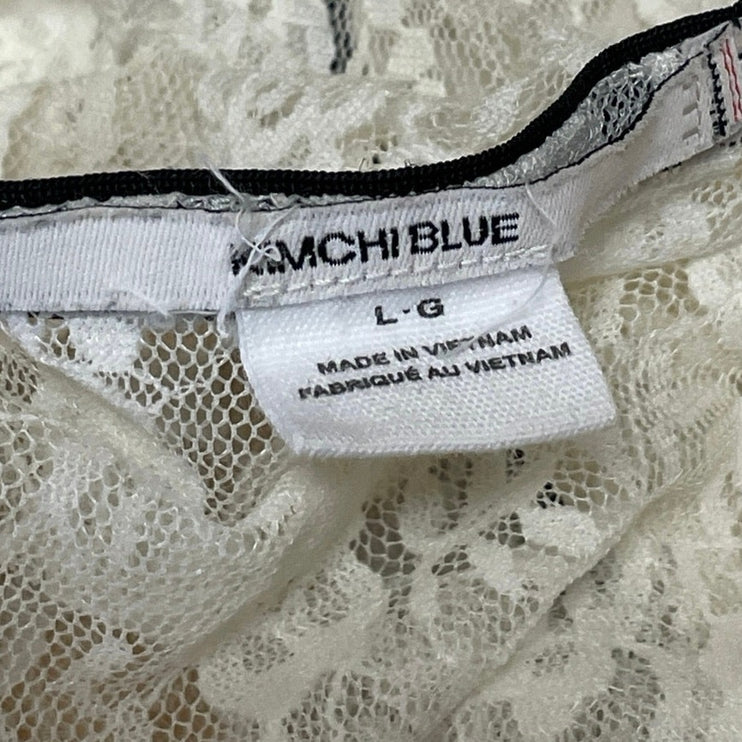 Kimchi Blue Womens White Floral Lace V-neck Short Cap Sleeve Sheer Blouse Top L