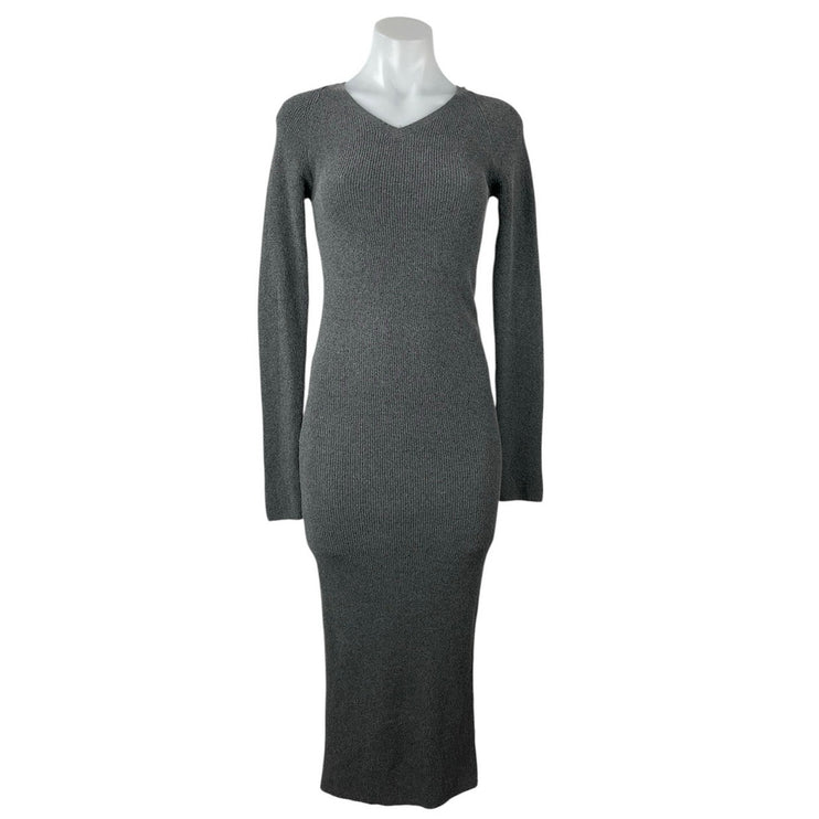 Zara Gray Long Sleeve V Neck Knit Sculpt Stretch Slim Maxi Bodycon Dress Size XS