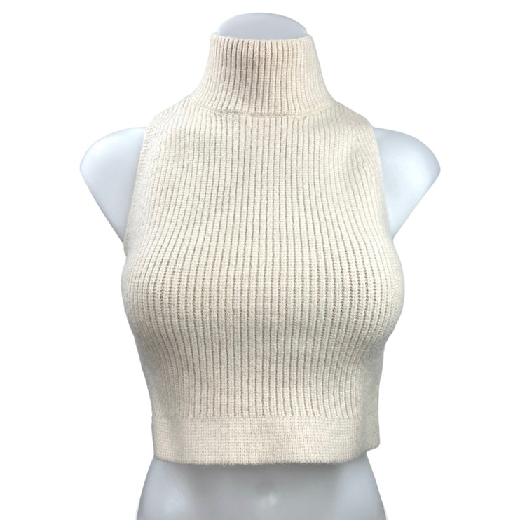 Zara Cream Turtleneck Ribbed Knit Stretch Cozy Cropped Sweater Vest Top Size S