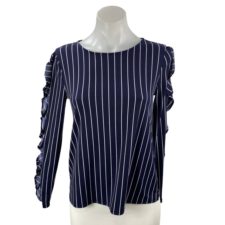 Banana Republic Women's Navy Blue Striped Ruffle Long Sleeve Blouse Top Size XS
