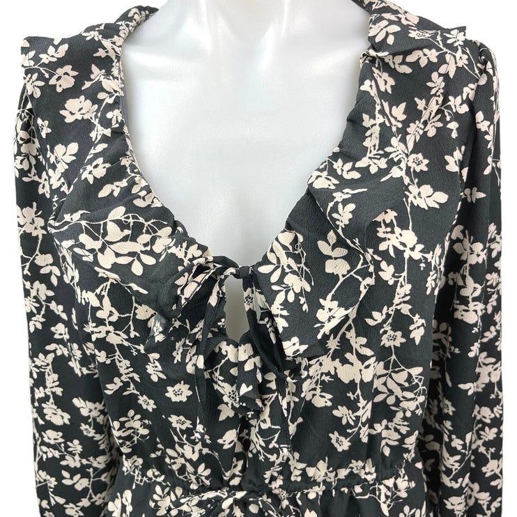 Old Navy Black Ivory Floral Tie Neck V Neck Ruffle Long Sleeve Blouse Top Size M