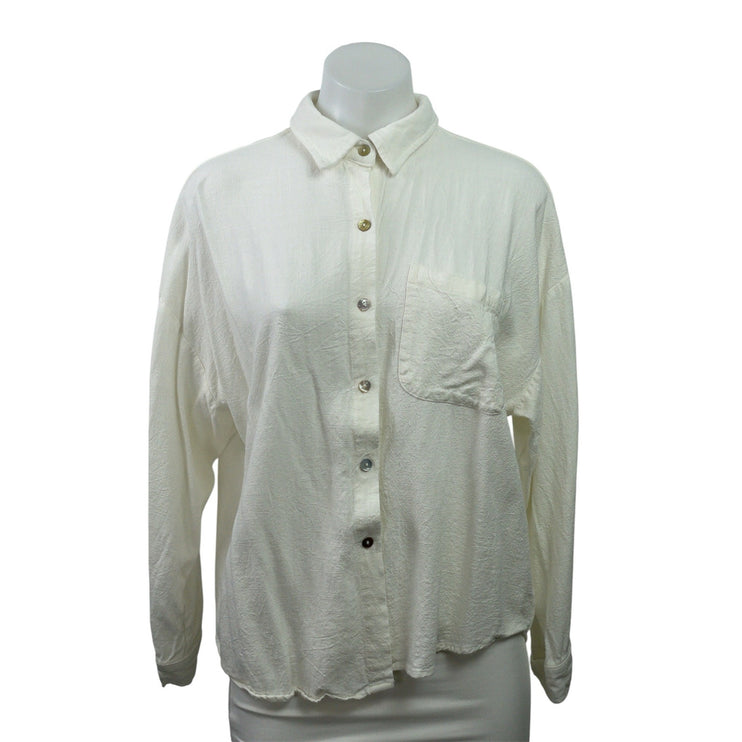 Musy Muse Women White 100% Linen Pocket Long Sleeve Button Down Shirt Top Size L