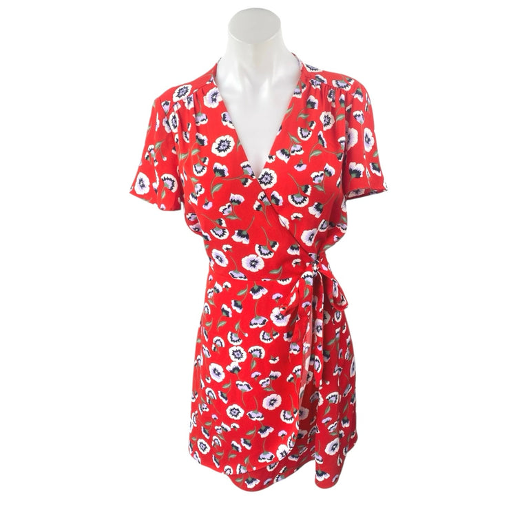 J.Crew Red Floral Short Sleeve V-Neck Tie Waist Mini Fit & Flare Wrap Dress Sz 6