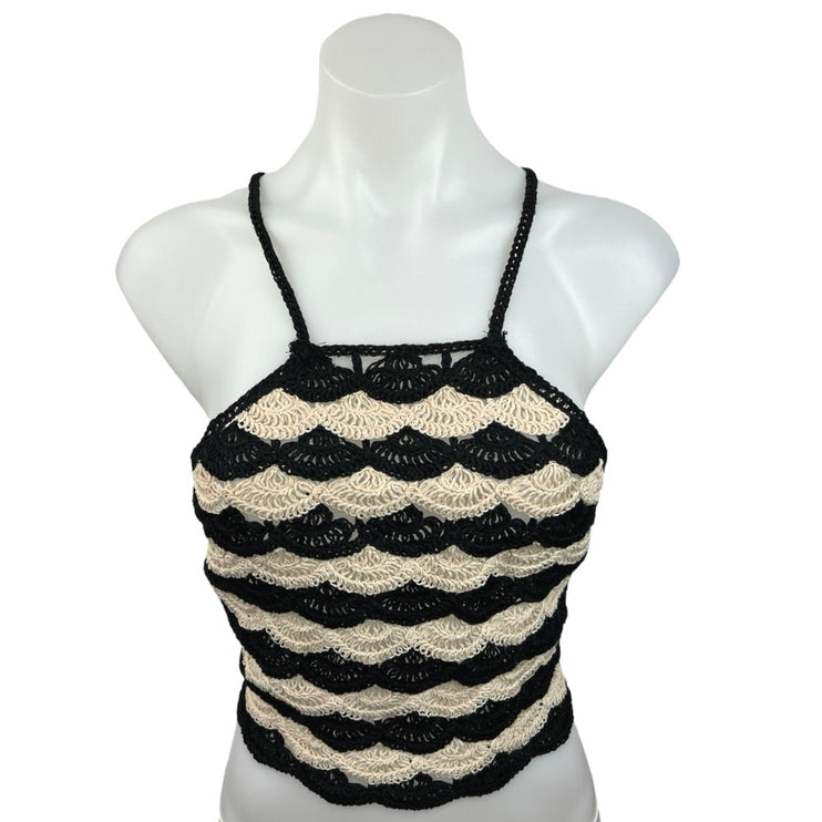 Zara Black Cream Crochet Sleeveless Knit Square Neck Strappy Crop Tank Top Sz S