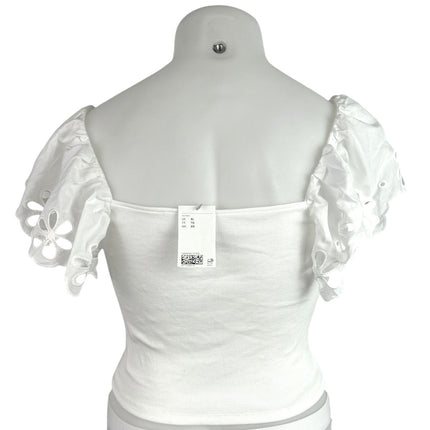 NEW H&M White Ribbed Knit Flutter Sleeve Floral Embroidered Blouse Top Size XL