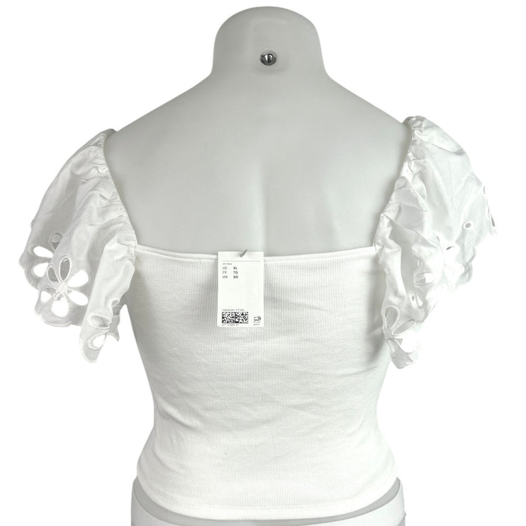 NEW H&M White Ribbed Knit Flutter Sleeve Floral Embroidered Blouse Top Size XL