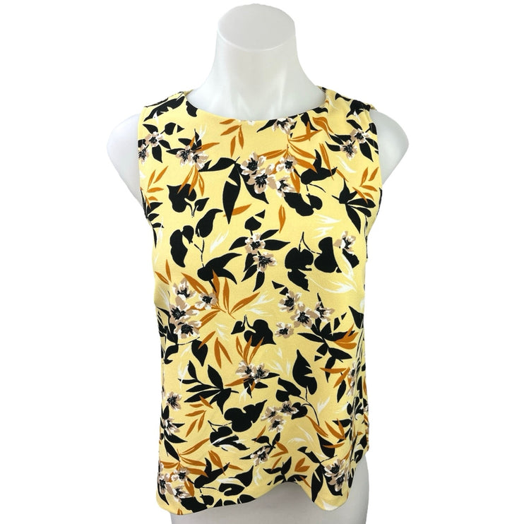 Mango Yellow Black Floral Print Sleeveless Keyhole Back Tank Top Blouse Size XS