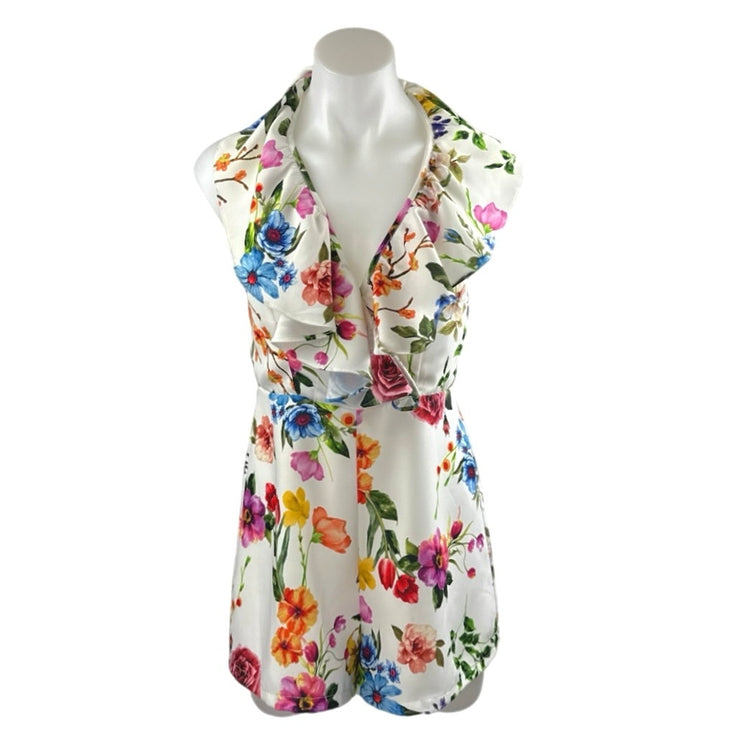 Do+Be White Multicolor Floral Sleeveless Ruffle Open Back Jumpsuit Romper Size S