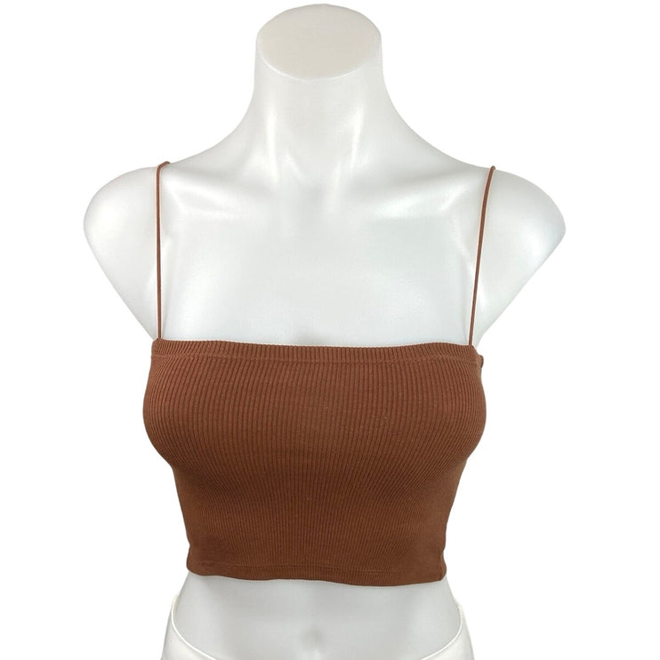 Zara Brown Ribbed Knit Square Neck Spaghetti Strap Camisole Cropped Tank Top S