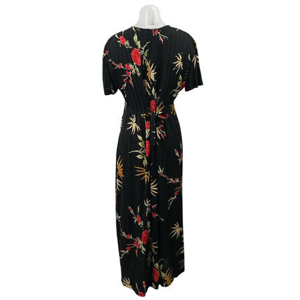Positive Attitude Black Floral Short Sleeve Tie Pleated A Line Maxi Dress Sz 12