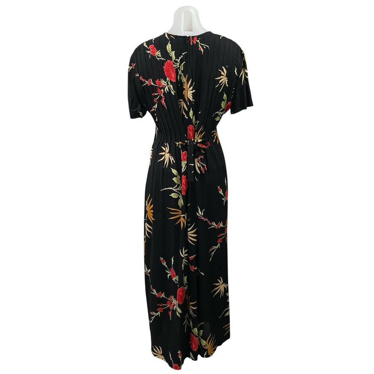 Positive Attitude Black Floral Short Sleeve Tie Pleated A Line Maxi Dress Sz 12