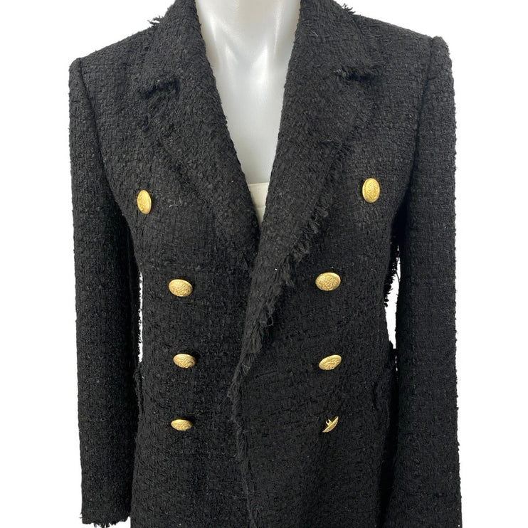 Zara Womens Black Tweed Fringe Double Breasted Military Trench Overcoat Jacket S