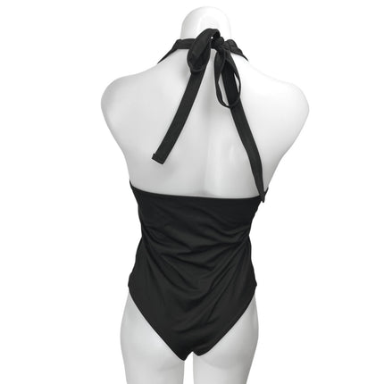 Reoria Women's Black Halter Sleeveless Plunging One Piece Bodysuit Top Size M