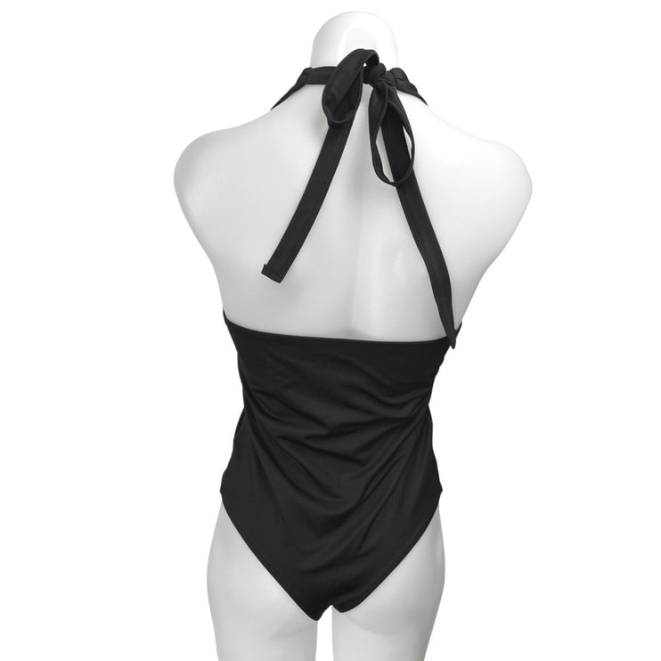 Reoria Women's Black Halter Sleeveless Plunging One Piece Bodysuit Top Size M