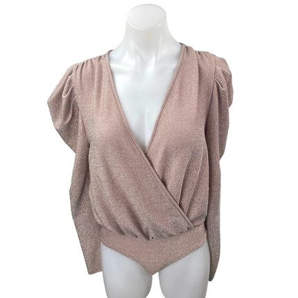 The Sang Pink Metallic Long Puff Sleeve V Neck Faux Wrap Bodysuit Top Size S