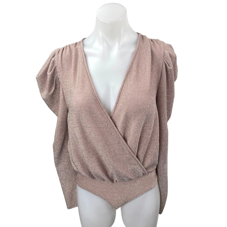 The Sang Pink Metallic Long Puff Sleeve V Neck Faux Wrap Bodysuit Top Size S
