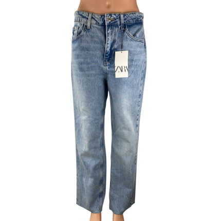 NEW Zara Blue Light Wash Raw Hem High Rise Straight Leg Denim Jeans Pants Sz 38