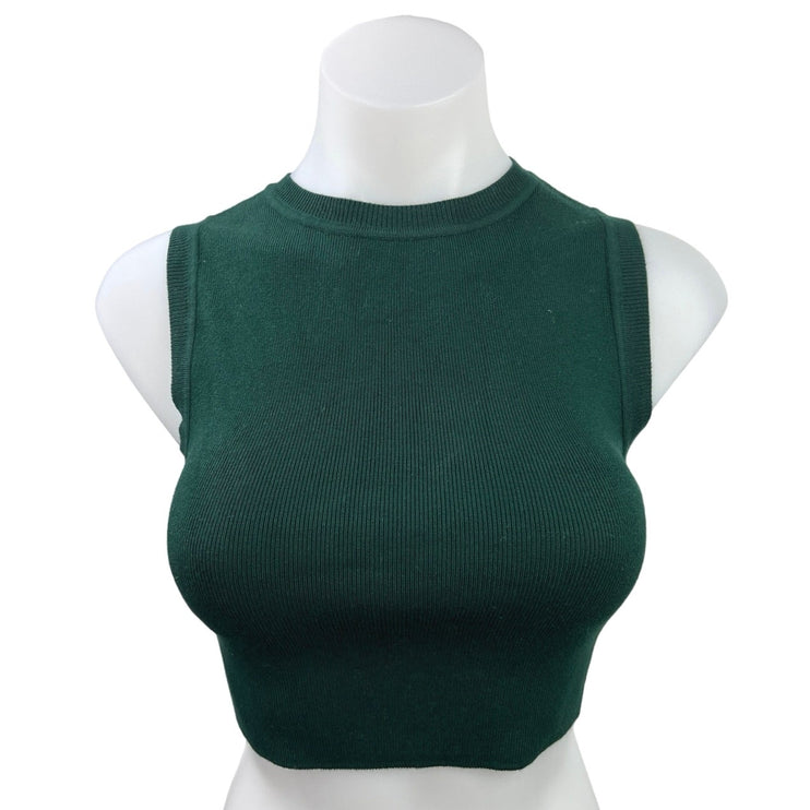 Zara Green Ribbed Knit Sleeveless Crewneck Stretch Casual Crop Tank Top Size M