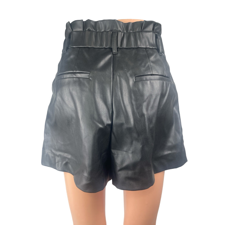 NEW Zara Women's Black Faux Vegan Leather Pleated High Waisted A-Line Shorts XS
