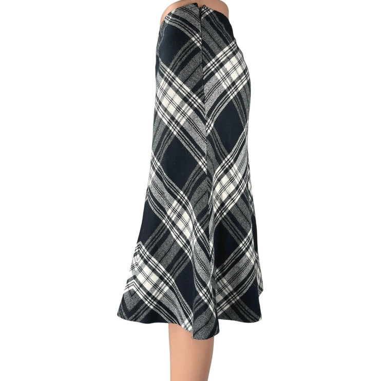 Ann Taylor Black White Plaid Checkered Zipper Midi Knee Length A-Line Skirt Sz 8