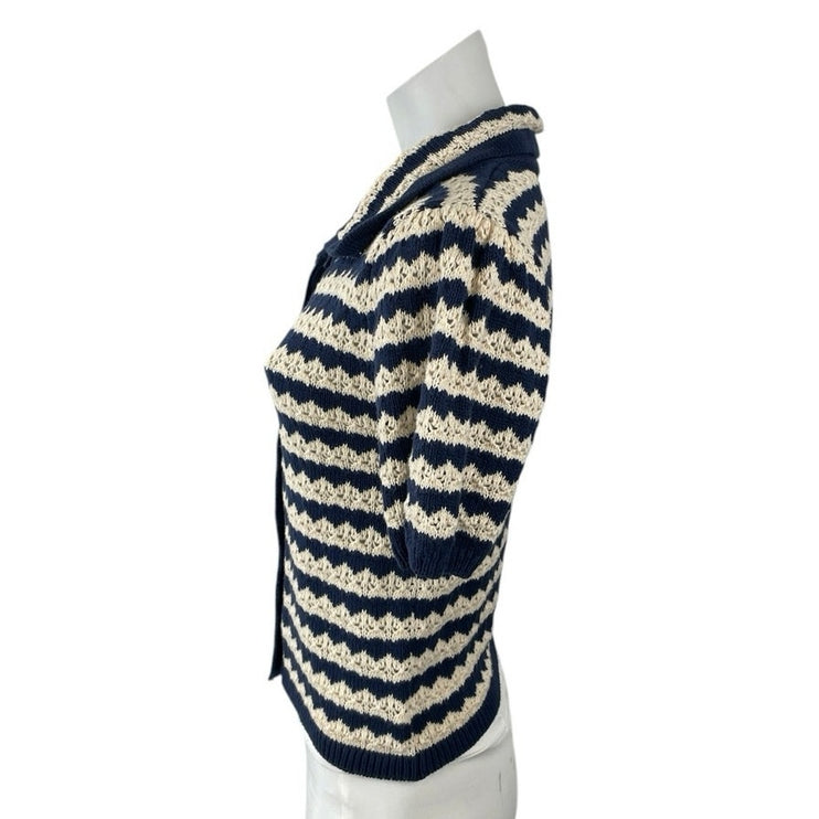 Lush Stripe Crochet Collared Short Sleeve Button Up Shirt Cardigan Sweater Top M