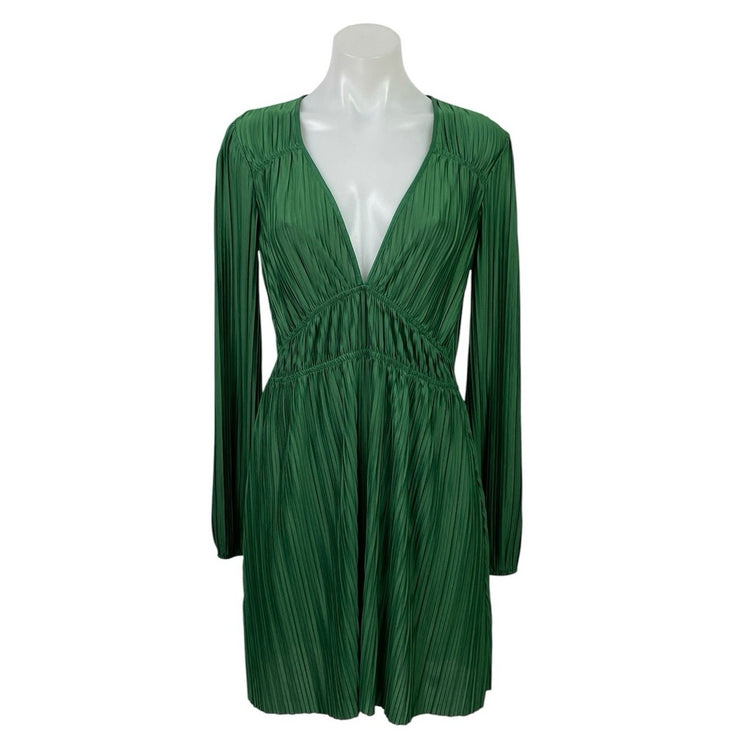 Zara Green Silk Satin Pleated Plisse Long Sleeve V Neck Fit & Flare Mini Dress M