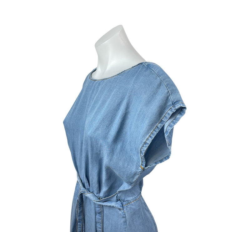 Zara Women's Blue Drop Sleeve Chambray Slit Tie Open Back A Line Midi Dress Sz M