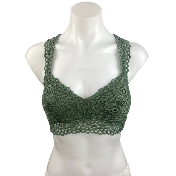 Aerie Olive Green Eyelet Floral Lace Crochet Racerback Bralette Bra Top Size S