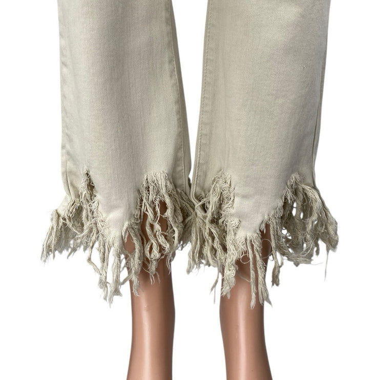 NEW Adoro Beige Frayed Distressed High Waist Straight Flared Denim Jeans Pants M