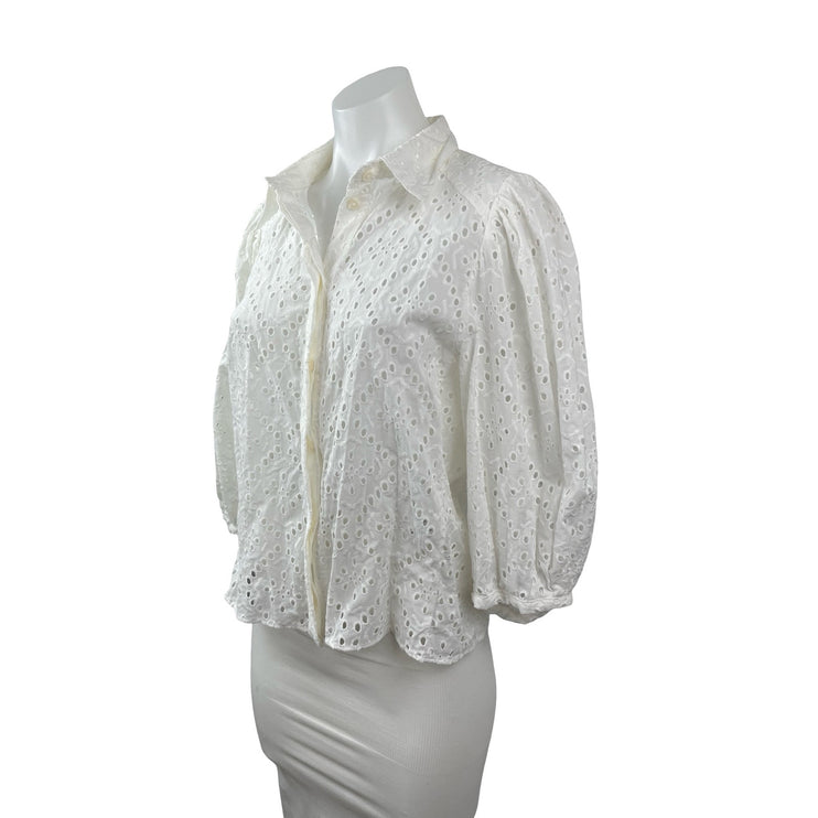 NEW Zara Women's White Embroidered Eyelet Argyle Button Down Shirt Top Size L