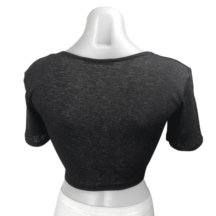 Zara Black Short Sleeve Deep V-Neck Faux Wrap T Shirt Blouse Crop Top Size S