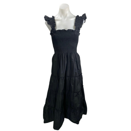 Quince Black Ruffle Smocked Square Neck Tiered Sleeveless A Line Midi Dress XS