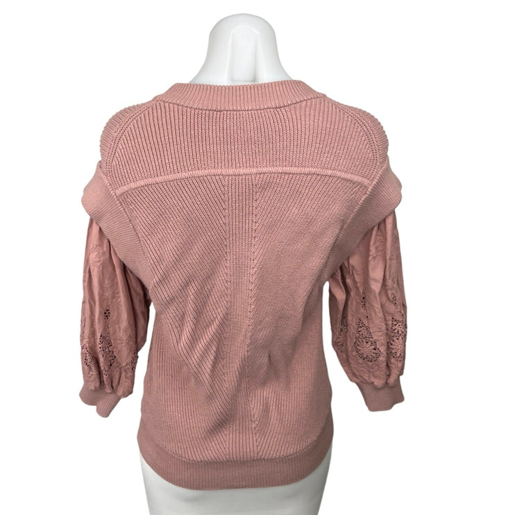 ba&sh Samoa Pink Embroidered Knit Lace Puff Sleeve Crew Sweater Blouse Top Sz 1