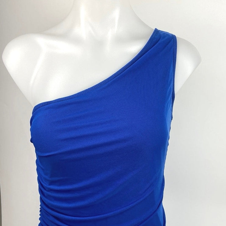 SHEIN Blue One Shoulder Ruffle Asymmetrical Hem Ruched Bodycon Party Dress Sz 6