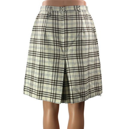 Women's Cream Brown Plaid Check Pleated Slit Culottes Knee Length A-line Skirt S