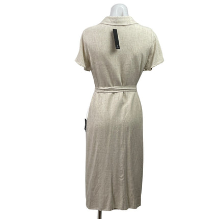NEW Lulus Beige Linen Short Sleeve Tie Waist Button Down Shirt Midi Dress Size M