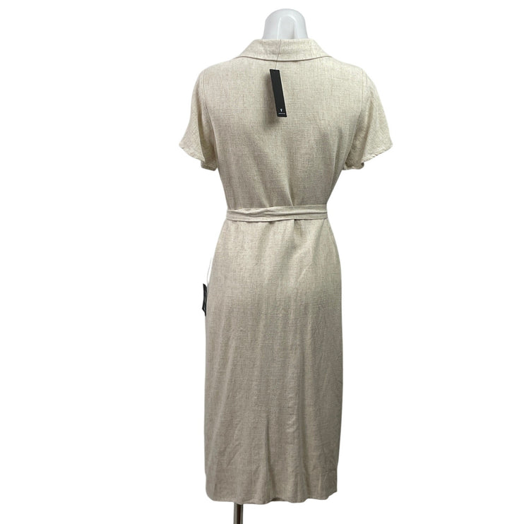 NEW Lulus Beige Linen Short Sleeve Tie Waist Button Down Shirt Midi Dress Size M