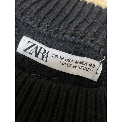 Zara Womens Black Long Sleeve Cable Knit Semi Sheer Crew Neck Sweater Top Size M