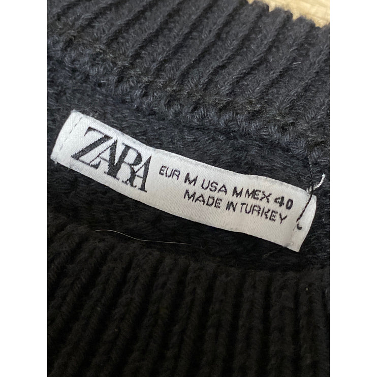 Zara Womens Black Long Sleeve Cable Knit Semi Sheer Crew Neck Sweater Top Size M