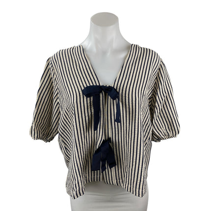 Zara Blue White Striped Tie Up Bow V Neck Short Puff Sleeve Crop Blouse Top Sz L