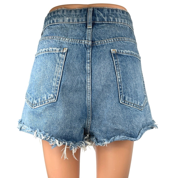 Zara Women's Blue High Waisted Raw Hem Medium Wash Denim Jean Shorts Size 12