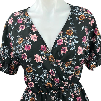 Francesca's Mi Ami Black Floral Faux Wrap V-Neck Ruffle Peplum Blouse Top Sz XS