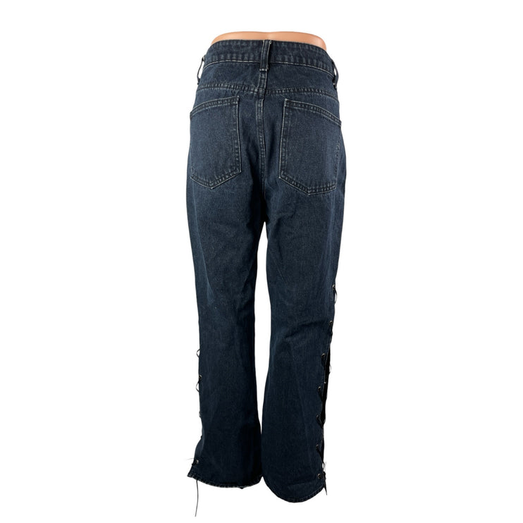 Superdown Womens Blue Dark Wash High Rise Lace Up Wide Leg Denim Jeans Pants 30