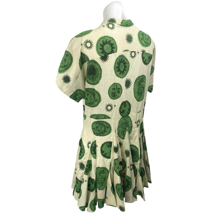 Zara Green Multicolor Printed Pleated Short Sleeve Button Down Shirt Dress Sz S