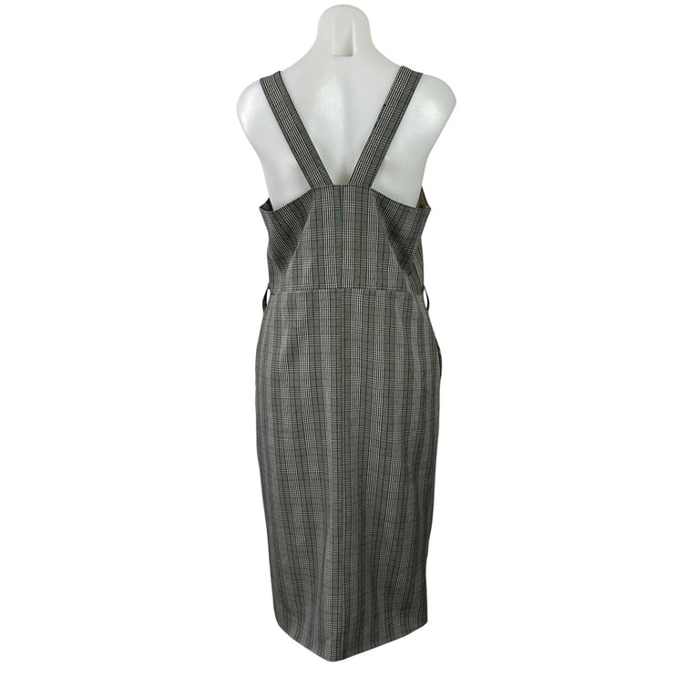 E Hyphen World Gallery Gray Plaid Sleeveless Button Up Overalls Midi Dress Sz M