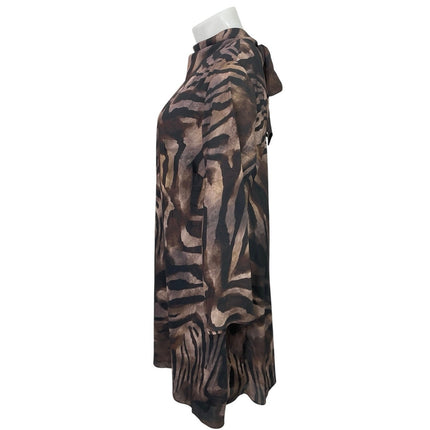 MNG Mango Brown Zebra Silk Satin Back Bow Long Sleeve A Line Mini Dress Size 16