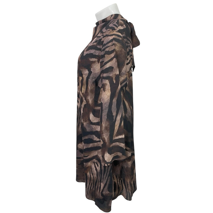 MNG Mango Brown Zebra Silk Satin Back Bow Long Sleeve A Line Mini Dress Size 16