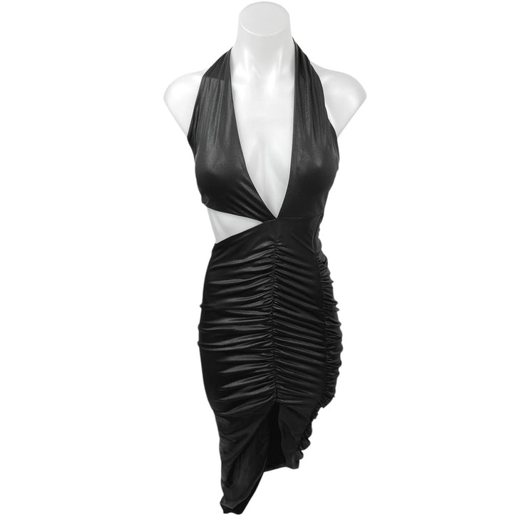 Oh Polly Black Faux Leather Halter V-Neck Cutout Ruched Mini Bodycon Dress Sz 2