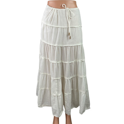 Free People Simply Smitten White Tiered Drawstring Boho A Line Maxi Skirt Size M