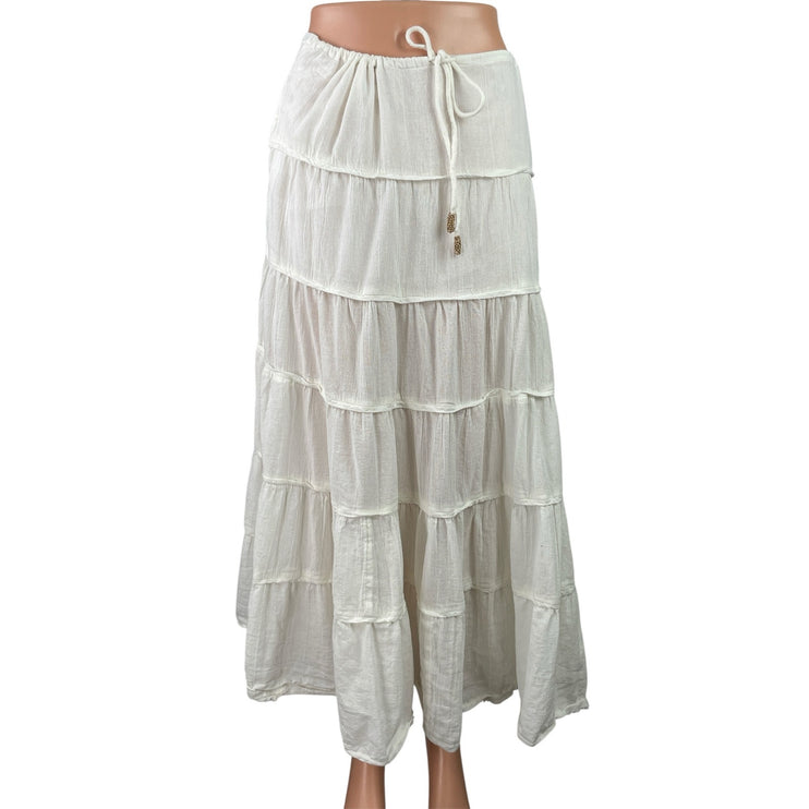 Free People Simply Smitten White Tiered Drawstring Boho A Line Maxi Skirt Size M